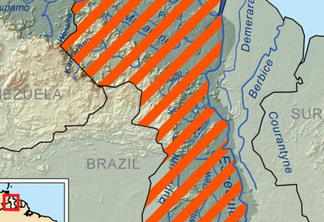 Mapa mostra área litigiosa em destaque cuja disputa entre Venezuela e Guiana  remonta ao século XIX (Imagem: Reprodução) 