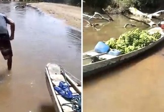 Pequeno produtor de banana do Trairão abre caminho com pá, dentro do rio, para seguir viagem (Imagem: Reprodução)