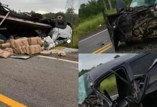 Com o impacto o caminhão tombou e o veículo de passeio teve a parte frontal destruída (Foto: Divulgação)