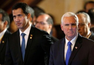 O  presidente  interino  da  Venezuela,  Juan  Guaidó,  e  o  vice-presidente  dos  Estados  Unidos,  Mike  Pence. (Foto: Luisa  Gonzalez/Reuters)