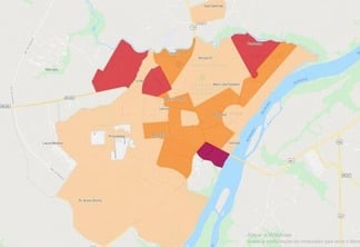 Os bairros destacados em vermelho no mapa são os que possuem a maior incidência do Coronavírus (Foto: Reprodução)