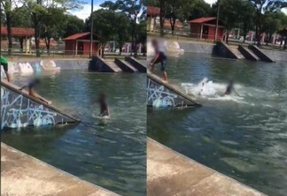 Nas imagens, as crianças escorregam na rampa, caem na água, nadam um pouco e voltam a fazer o mesmo processo - Foto: Reprodução