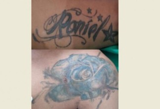 O paciente possui duas tatuagens, sendo elas uma rosa de cor azul no ombro esquerdo e o nome “Roniel”, no antebraço esquerdo (Foto: Divulgação)