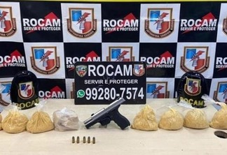 Além da arma, foram apreendidas sete porções grandes de pasta base de cocaína e uma de oxi com o indivíduo - Foto: Divulgação/ROCAM/PMAM
