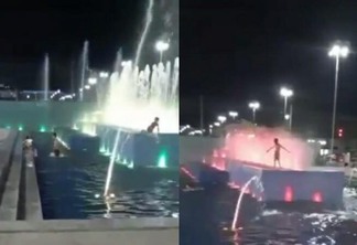 Vídeo que circula nas redes sociais mostra pelo menos quatro crianças brincando na fonte da Praça das Águas - Foto: Reprodução