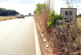 Na rodovia RR-205, sentido Alto Alegre, motoristas passam despercebidos pela placa por conta do mato (Foto: Nilzete Franco/Folha BV)
