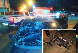 A bicicleta teve a frente parcialmente destruída, o veículo teve o capô, o parachoque e o para-brisa quebrados (Foto: Aldenio Soares)