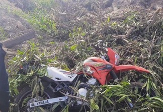 Motocicleta estava camuflada com mato e galhadas (Foto: Divulgação/PM)