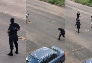 Vídeo com o policial brincando de tacobol foi gravado pela mãe de um dos meninos (Imagem: Reprodução/Instagram/nattysilvaofc)