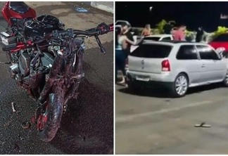 No acidente do bairro Caçari, a motocicleta ficou destruída (Foto: Divulgação e Reprodução)