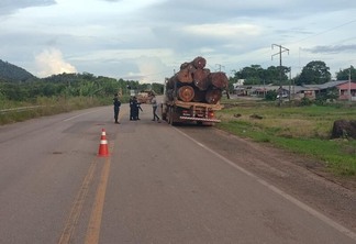 Momento em que a polícia realizou a abordagem ao condutor do caminhão carregado com madeira ilegal (Foto: Divulgação)