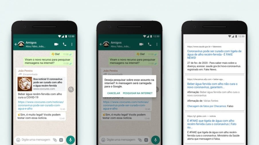 Nova ferramenta permite a checagem de mensagens diretamente no app, integrado ao Google - Divulgação WhatsApp