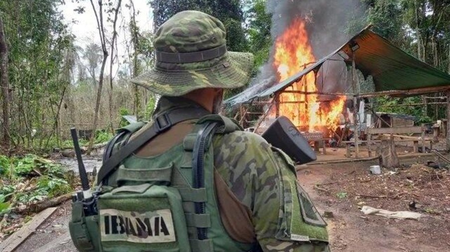 Agente do Ibama observa destruição de acampamento de garimpo ilegal - Foto: IBAMA